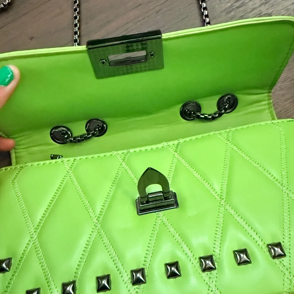Lime Green silver studded shoulder Bag - Picture 5 of 7